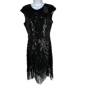 Vijiv Womens Black Sequin Fringe Flapper Dress 1920s Art Deco Gatsby Style Small